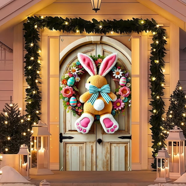 Corona de conejito de Pascua de primavera, decoración colgante para puerta de conejo rosa y marrón, pancarta de bienvenida navideña, fondo para decoración de puerta de Pascua, fotografía de huevos de