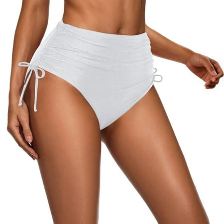 Summer Clearance Pitauce Womens High Waisted Full Coverage Bikini Bottoms Tummy Control Ruched Swimsuit Bottoms Tie Side Dtawstring Bathing Suit Swim Bottom