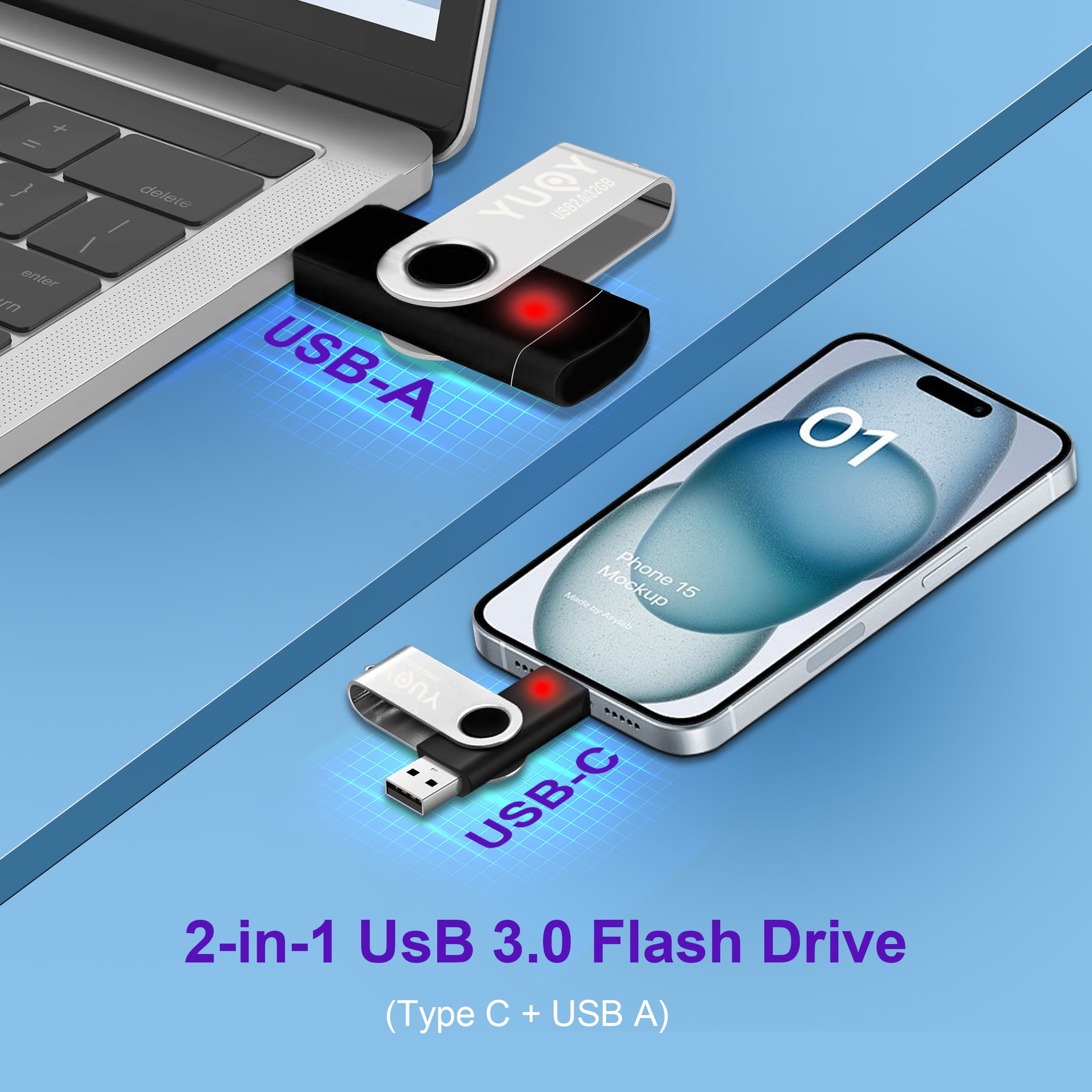 YUOY USB 2.0 Flash Drive Swivel USB-A & Type-C, 32GB Thumb Drive Wide Compatibility for Smartphones, Tablets, Laptops & More, 5 Pack Memory Stick