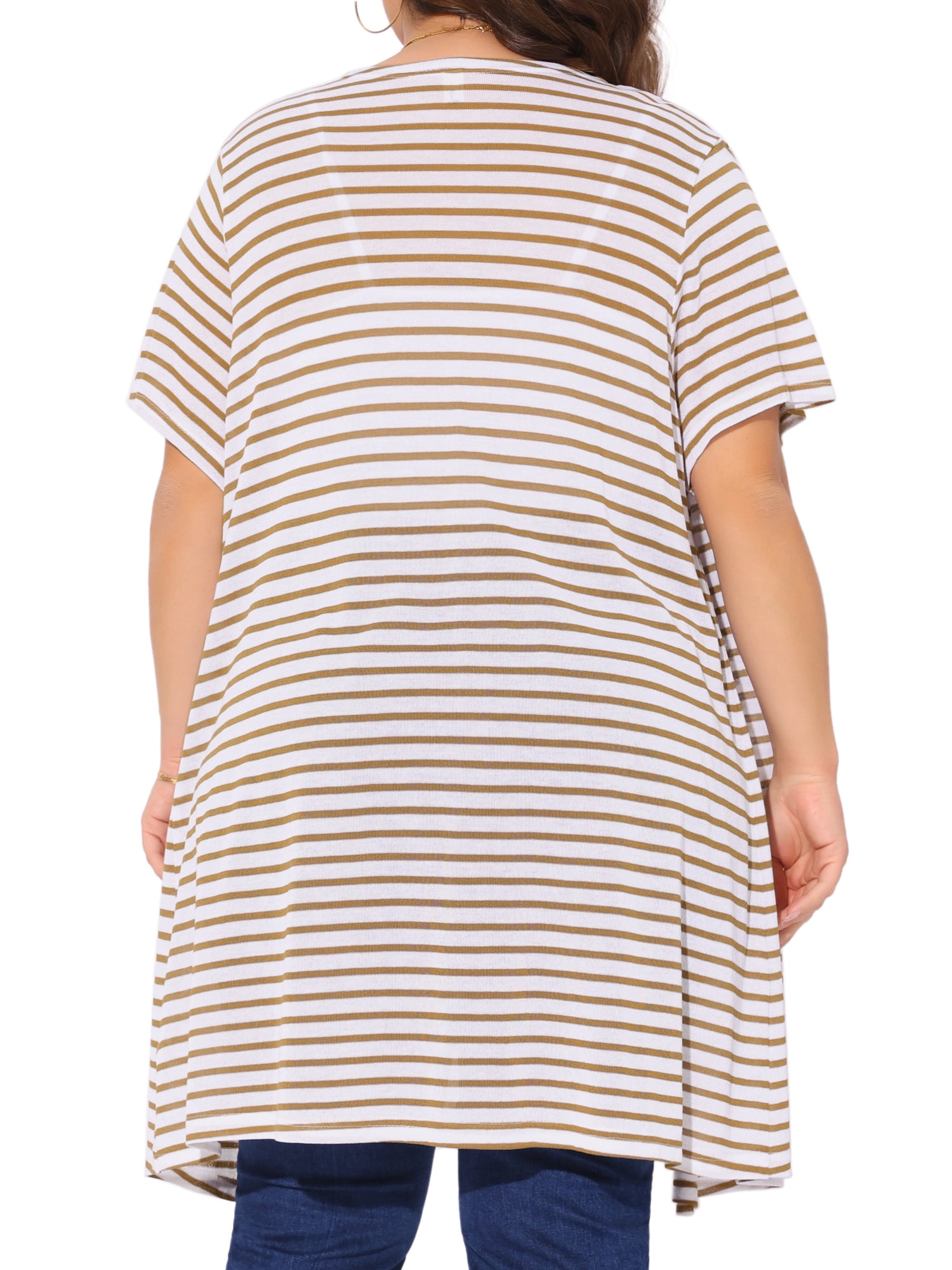 DARING DIVA Plus Size Stripe Short Sleeve Open Front Cardigan 1X Khaki