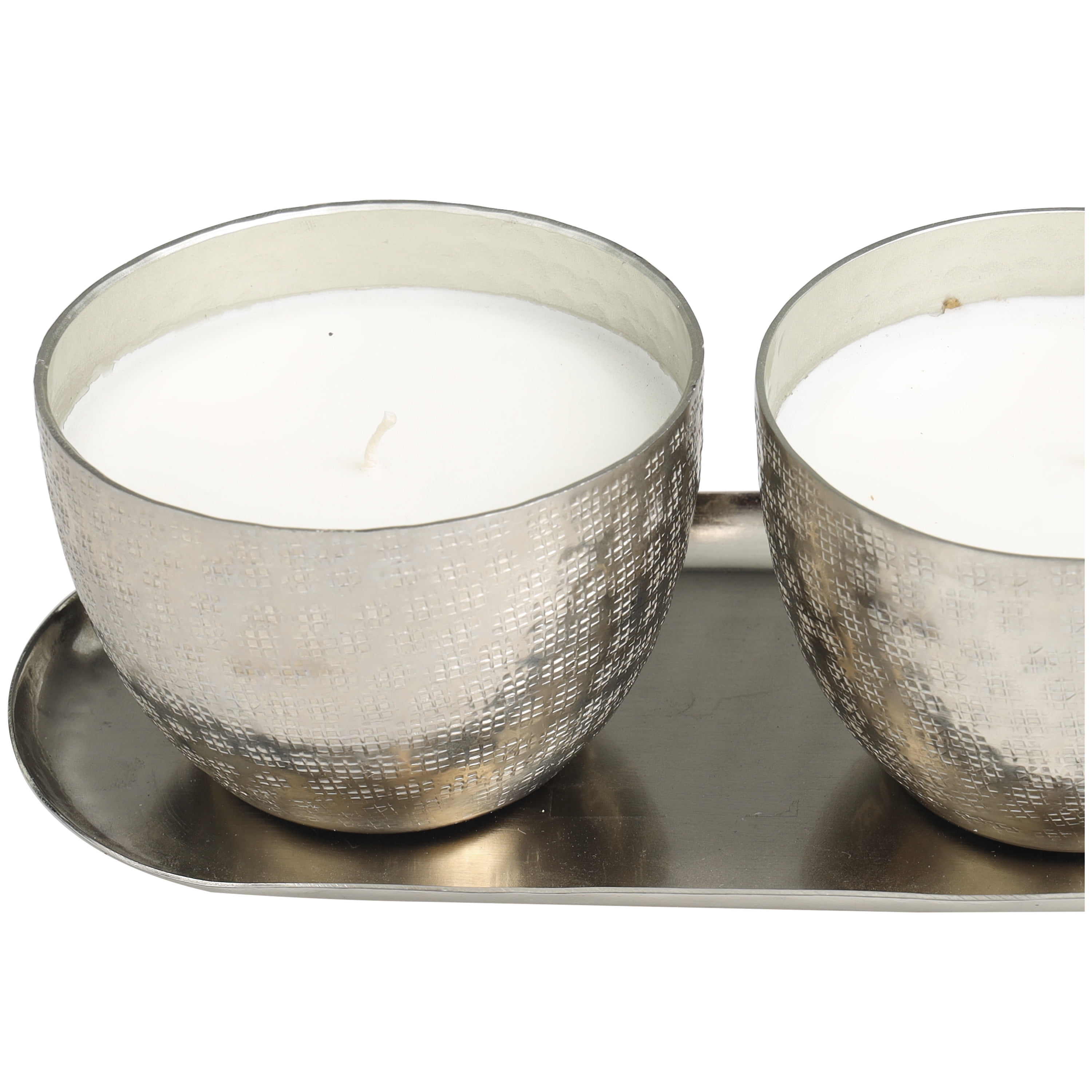 CosmoLiving by Cosmopolitan 2 Holder Silver Metal Campfire Scented Grid Patterned 10 oz 1 Wick Candle with White Wax, (Set of 2)
