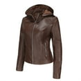 thumbnail image 3 of Besolor Leather Hooded Jacket for Women Classical Long Sleeve Zip-Up Slim Motorcycle Biker Coat Lightweight Fall Outwear, 3 of 7