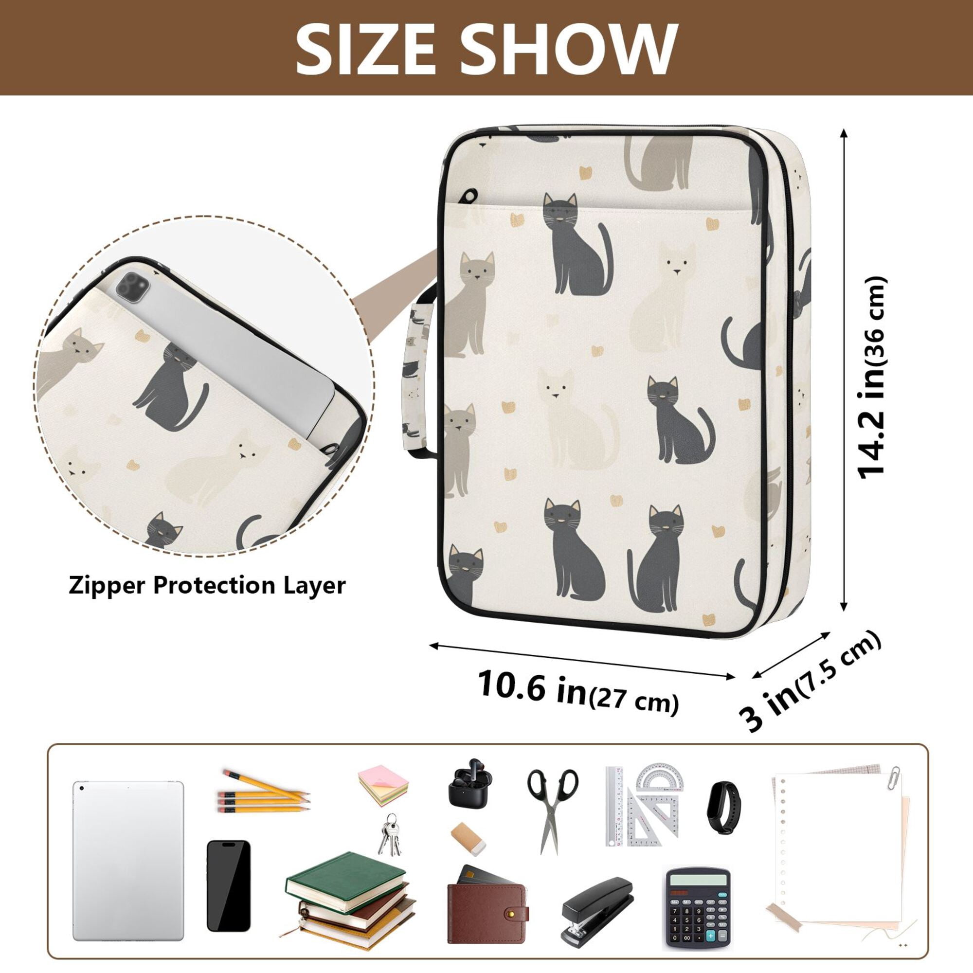 FORMRS Accordion File Folder A4 Size 7-Pocket Expanding Document Organizer Bag with 3 Ring Binder, Black Cute Cats