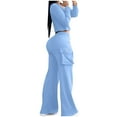 thumbnail image 5 of Womens 2 Piece Outfits Pant Sets Long Sleeve One-Button Open Front Crop Jacket Top and Wide Leg Cargo Sweatpants (2XL, Blue), 5 of 7