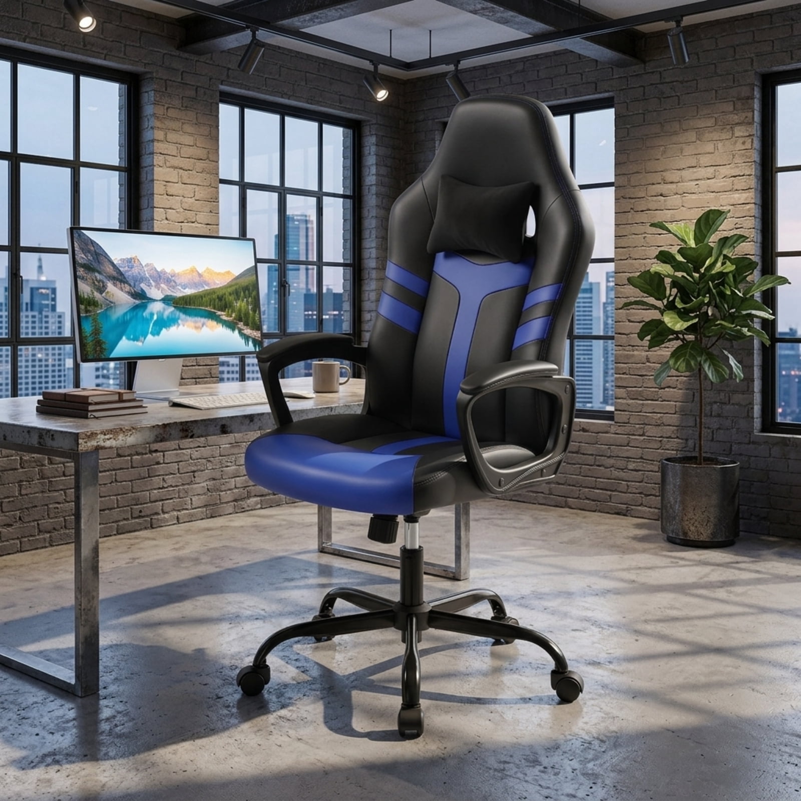 Furnibear Faux Leather Office Chair with Removable Head Pillow, Ergonomic High Back Rocking Desk Chair with Padded Armrest and Casters, Blue