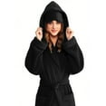 thumbnail image 4 of Women's Plush Fleece Hooded Knee Length Robe Set, Soft Bathrobe with Pockets and Sleep Mask, Cozy Loungewear, Warm Spa Robe with Adjustable Belt, Matching Eye Mask Included Black L, 4 of 8