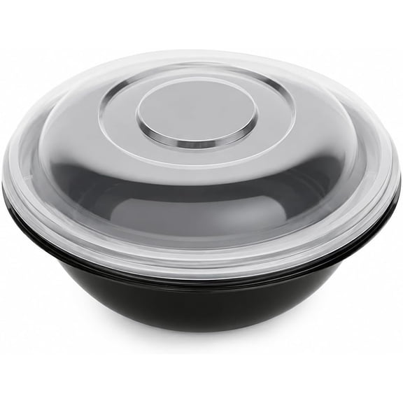 EcoQuality 80 oz Black Plastic Serving Bowl with Clear Dome Lid, Round Catering Bowl for Salads, Pasta, Fruit and Desserts