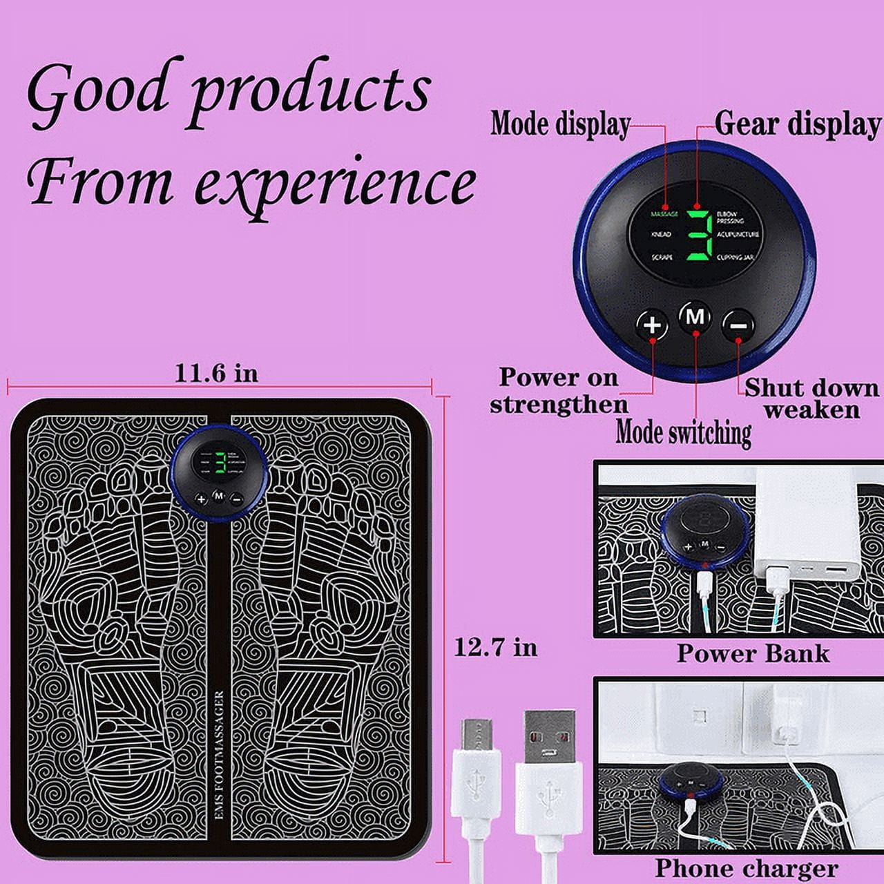 Electric Foot Massager Mat Pad USB LCD Portable Rechargeable for Men Women 6 Modes 9 Intensity Levels