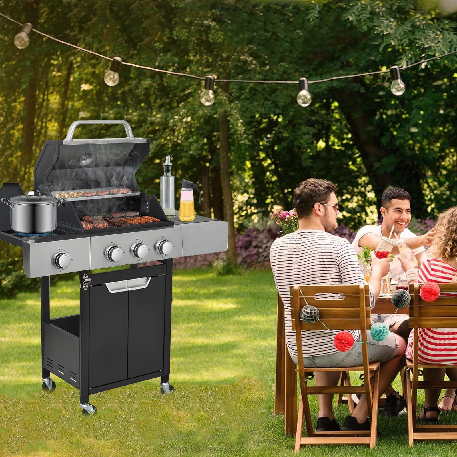 3 Burner Propane Gas Grill with Side Burner, 40500 BTU Stainless Steel Barbecue Grill for Outdoor, BBQ gas grill with Tool Holder, Wheels, and Bottle Opener