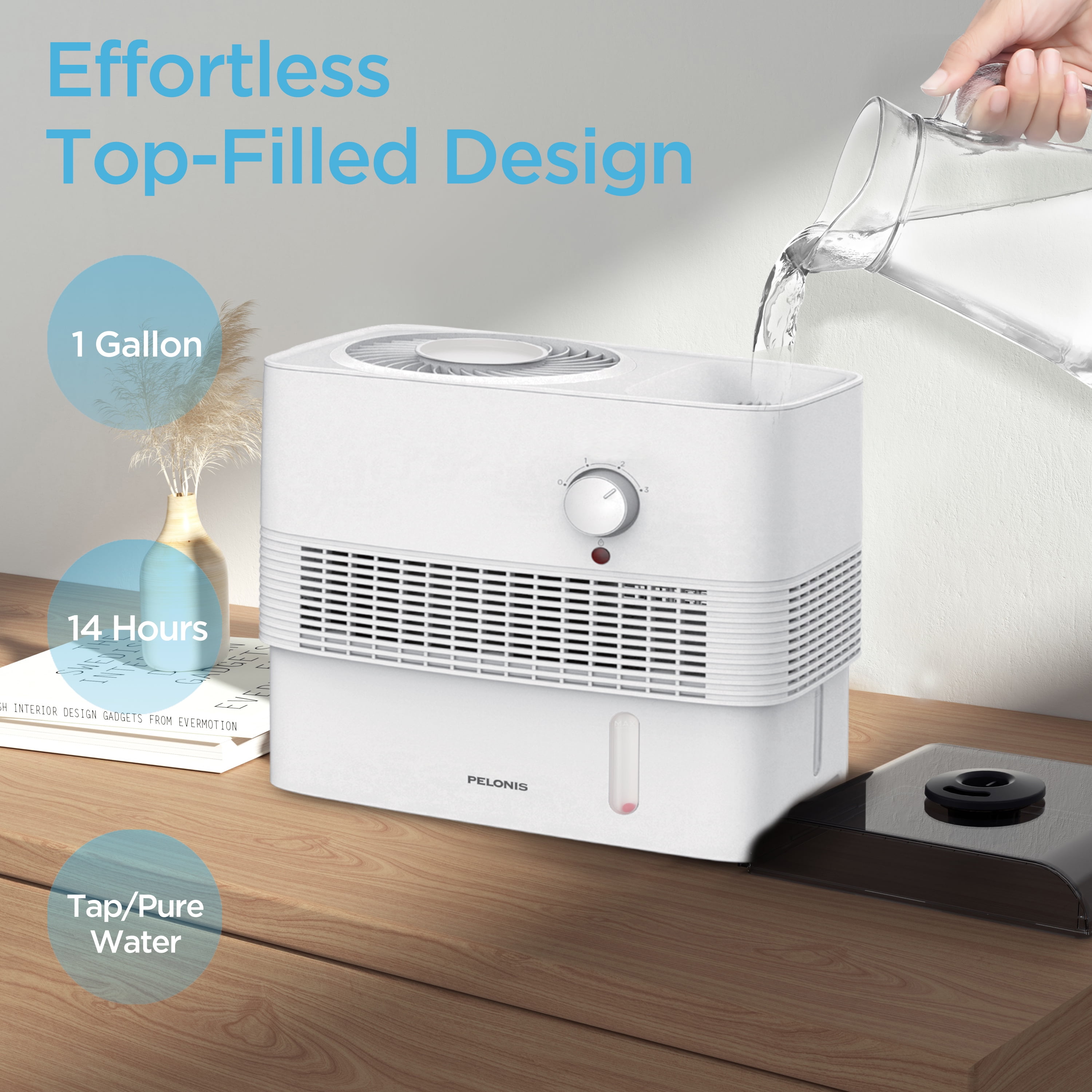 Pelonis Humidifier, 1 Gallon, Quite Operation, Auto Shut Off, Diffuser, White