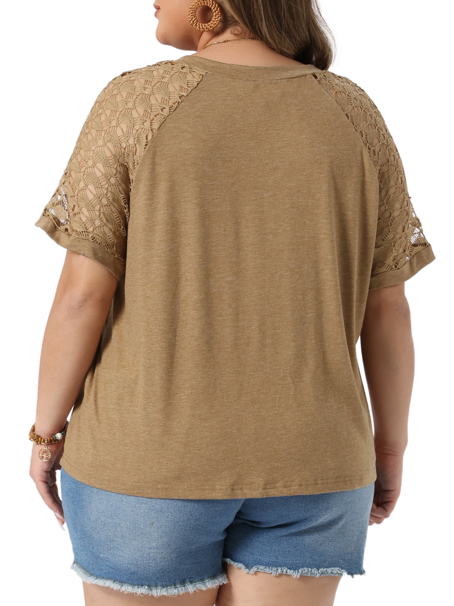 DARING DIVA Women's Plus Crew Neck Lace Dressy Casual Blouse Tunic Shirts 1X Camel
