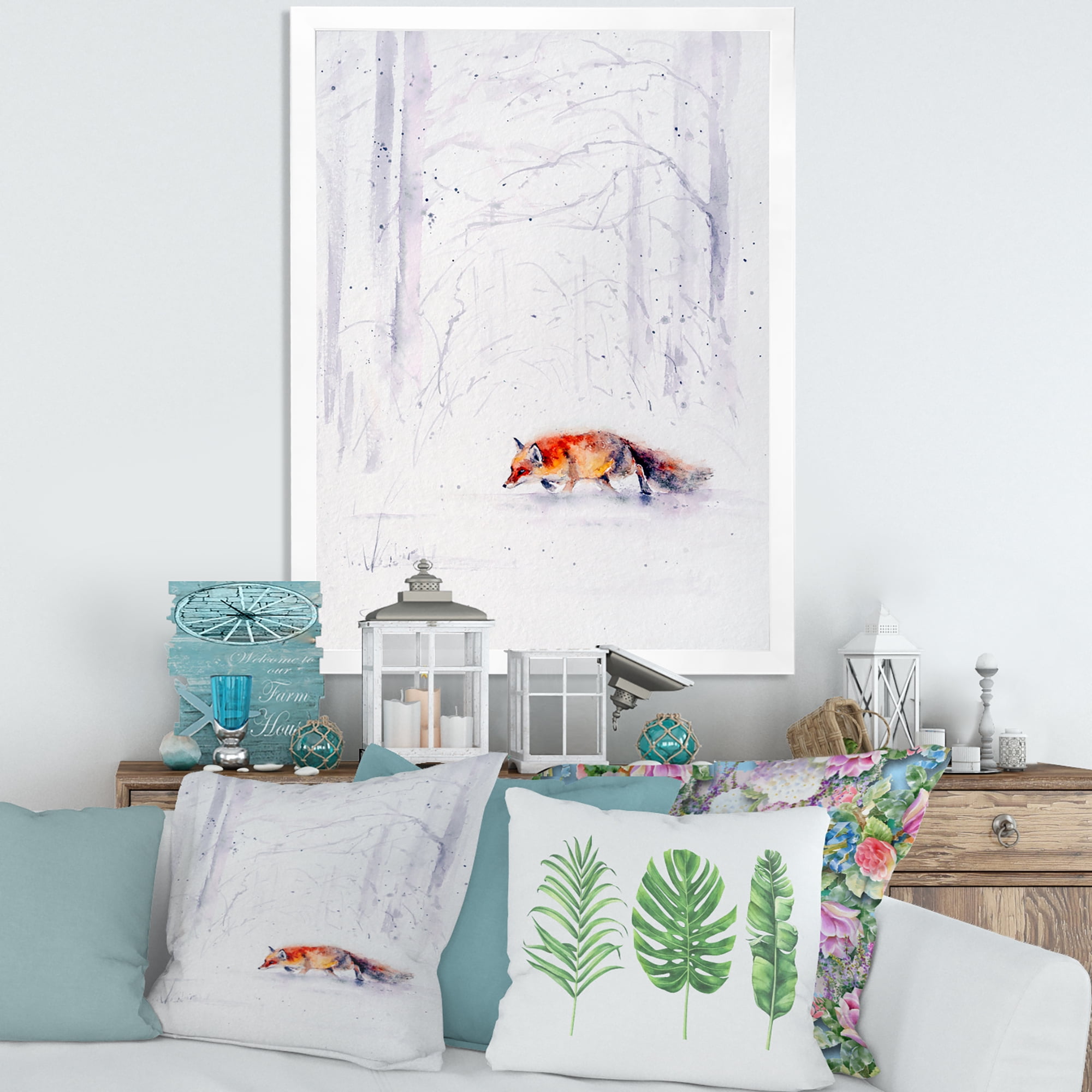 Designart 'Red Fox Running In White Snow in Countryside II' Farmhouse Framed Art Print