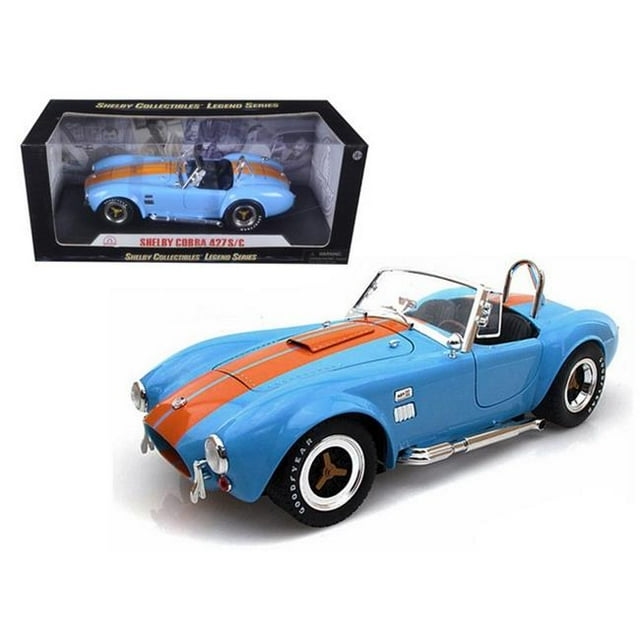 Shelby Collectibles SC129 1965 Shelby Cobra 427 S & C Bleu avec Rayures Orange 1-18 Voiture Miniature Moulée sous Pression