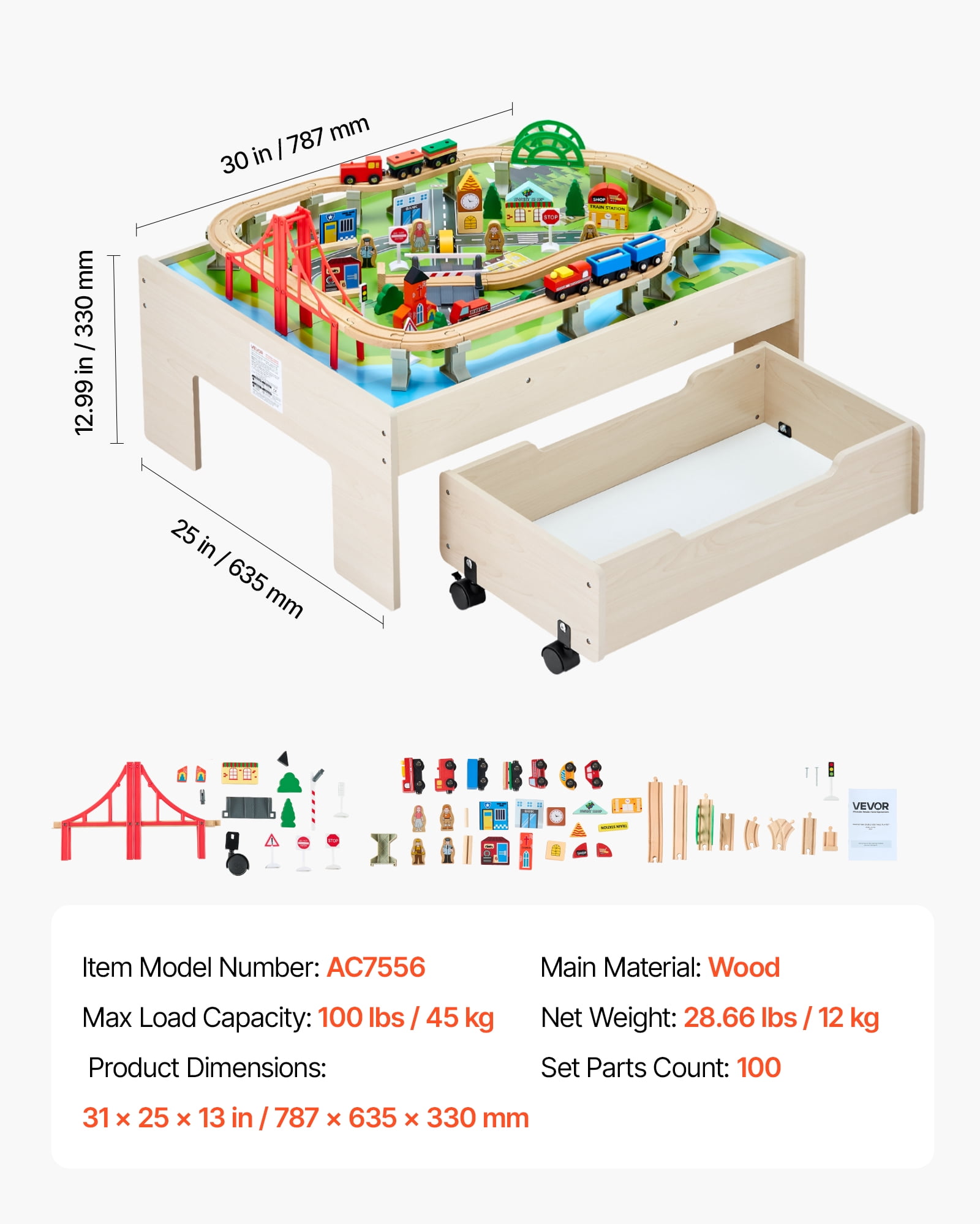 VEVOR Train Table, 100 Multicolor Pieces Wooden Kids Activity Table with Rolling Storage Drawer, 3-in-1 Wooden Train Set for Gaming, Drawing, Reading, Eating, Creative Toy Set for Kids Ages 3+