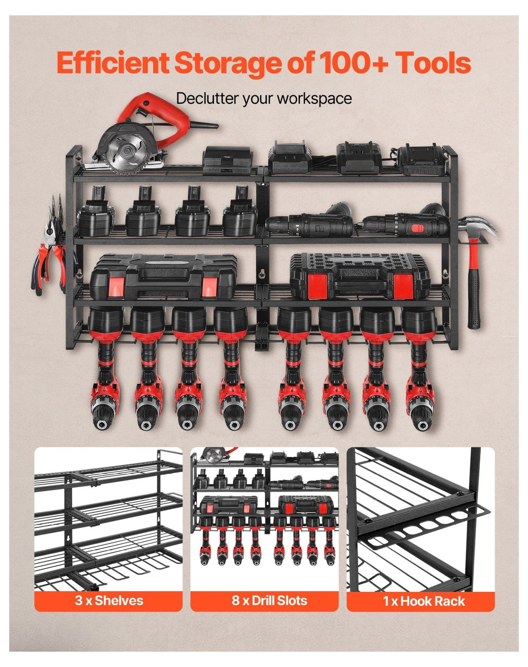 Power Tool Organizer Wall Mount, 4-Tier Garage Storage Rack with Drill Holders, Screwdriver Holder, Heavy Duty Tool Rack for Workshop, Workbench, Garage