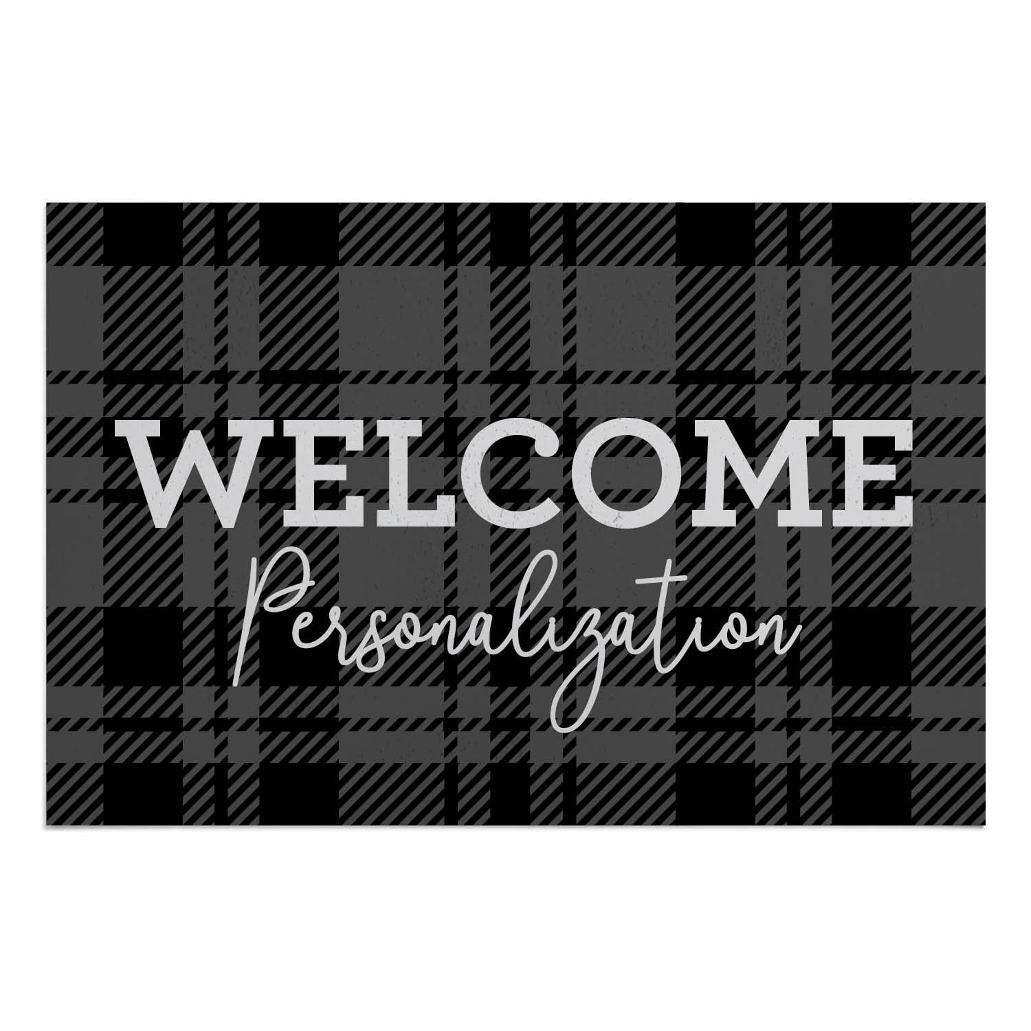Personalized Planet 27x18 Black and Gray Plaid Welcome Doormat with Custom Family Name Printed on Rectangular 1/4” Thick Non Slip Mat for Kitchen Hallway Deck or Porch