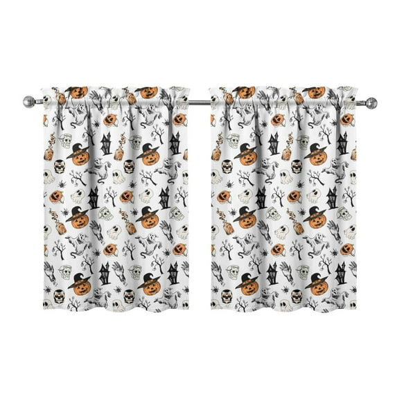 Spooky Halloween Tier Curtains Set of 2, with Witch and Cobweb Illustration, Semi-Sheer Window Treatment Panels 27.5x36in(70x90cm) Kitchen Curtains