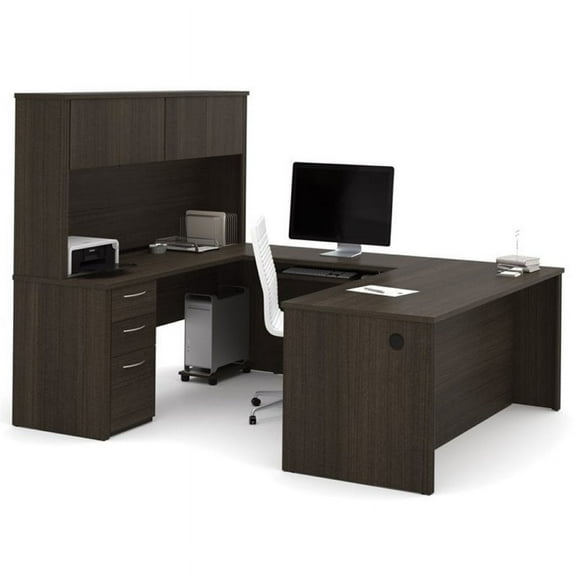 Pemberly Row 71" U Shaped Computer Desk with Hutch in Dark Chocolate