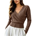 thumbnail image 2 of Bzdzmqm Womens V Neck Wrap Sweater Long Sleeve Ribbed Knit Slim Fit Pullover Top Fall Winter Office Work Wear, Coffee XL, 2 of 9
