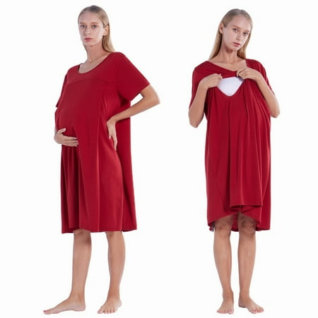 

Nursing Gown for Maternity Women Nightgown Short Sleeve Breastfeeding Dress Delivery Gown Sleepwear Red S-3XL