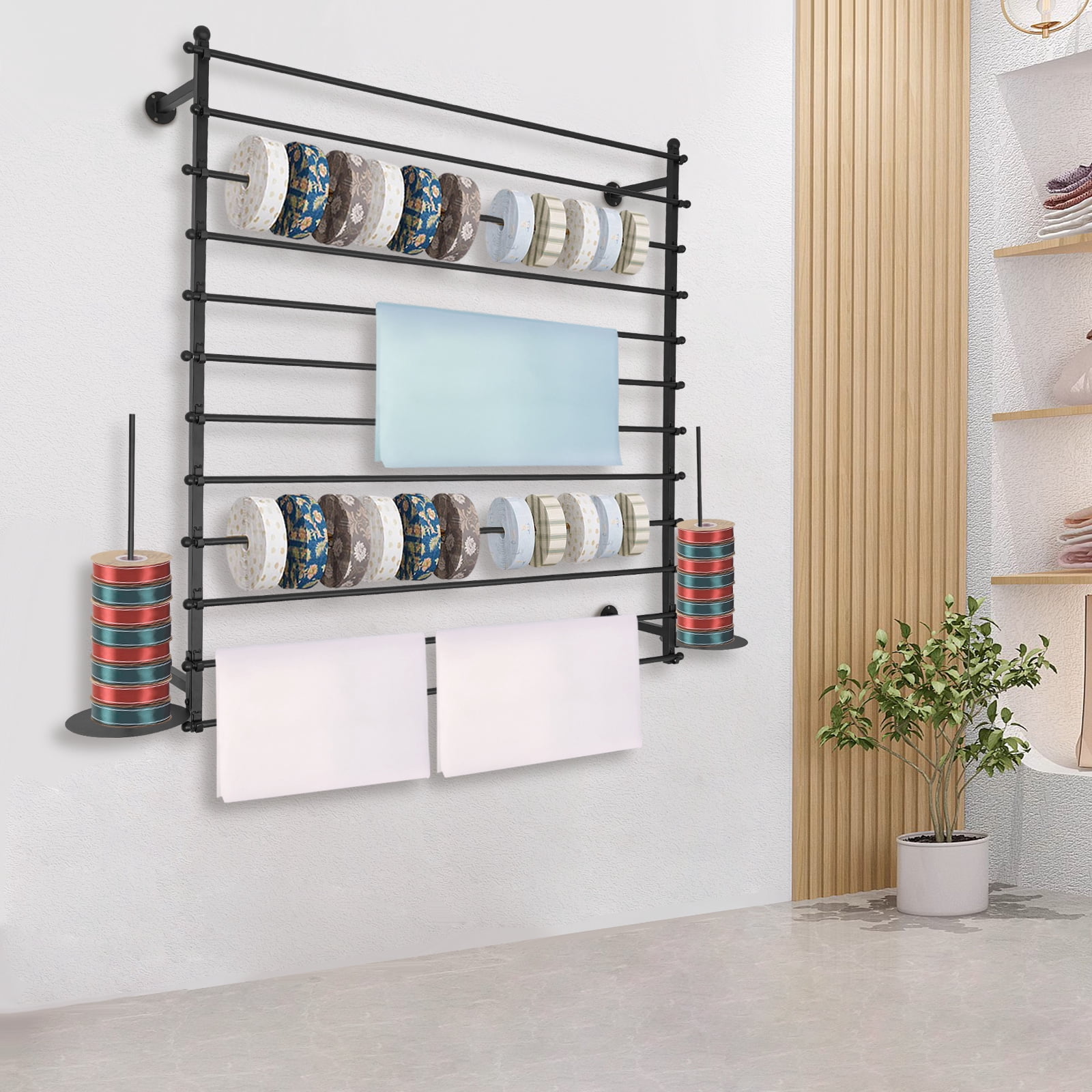 Wall-Mounted Display Rack for Flower Shop Sewing Tool Thread Scarf Tie Black, Wrapping Paper Ribbon Holder, Organizer