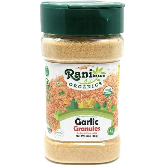Rani Organic Granulated Garlic (Lahsun Granules) 3oz (85g) PET Jar ~ All Natural | Gluten Friendly | Vegan | NON-GMO | Kosher | No Salt or fillers | Product of USA | USDA Certified Organic