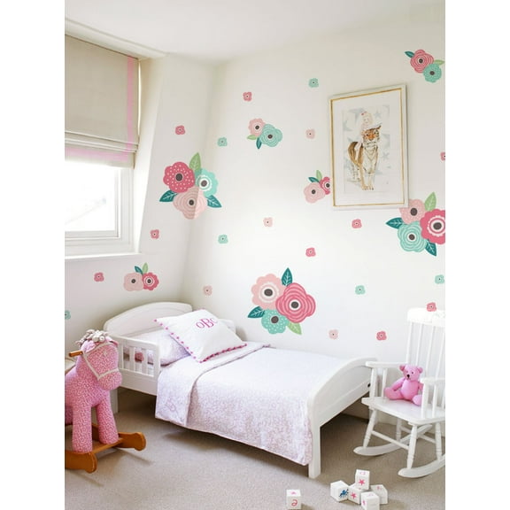 Kids Flower Vinyl Wall Stickers - Spring Pink and Mint Blooms