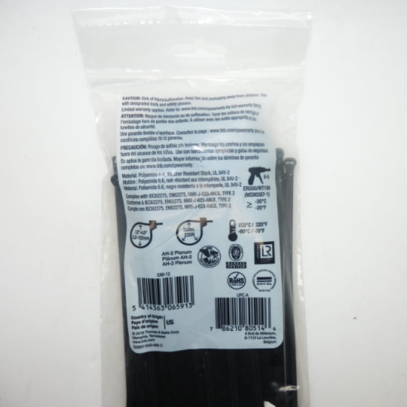 thomas & betts ty528mx ty-rap 14-inch ultraviolet resistant nylon 6.6 cable tie with stainless steel locking device, black, 100-pack
