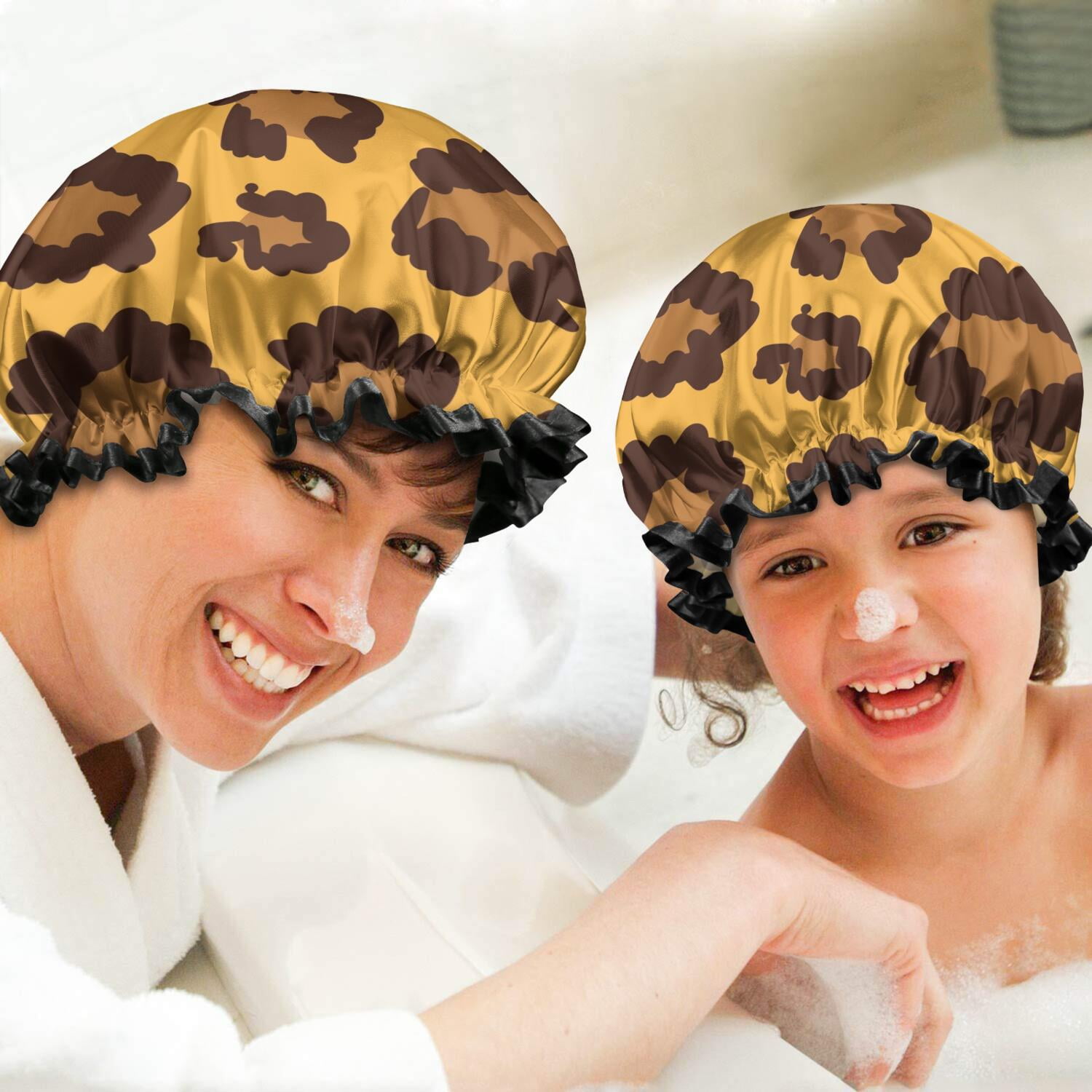 Shower Caps,Yellow and Black Of Leopard Print Waterproof Shower Cap for Women 4 Pieces,Double Reusable Hair Cover for Shower PEVA Elastic Stretch Hem