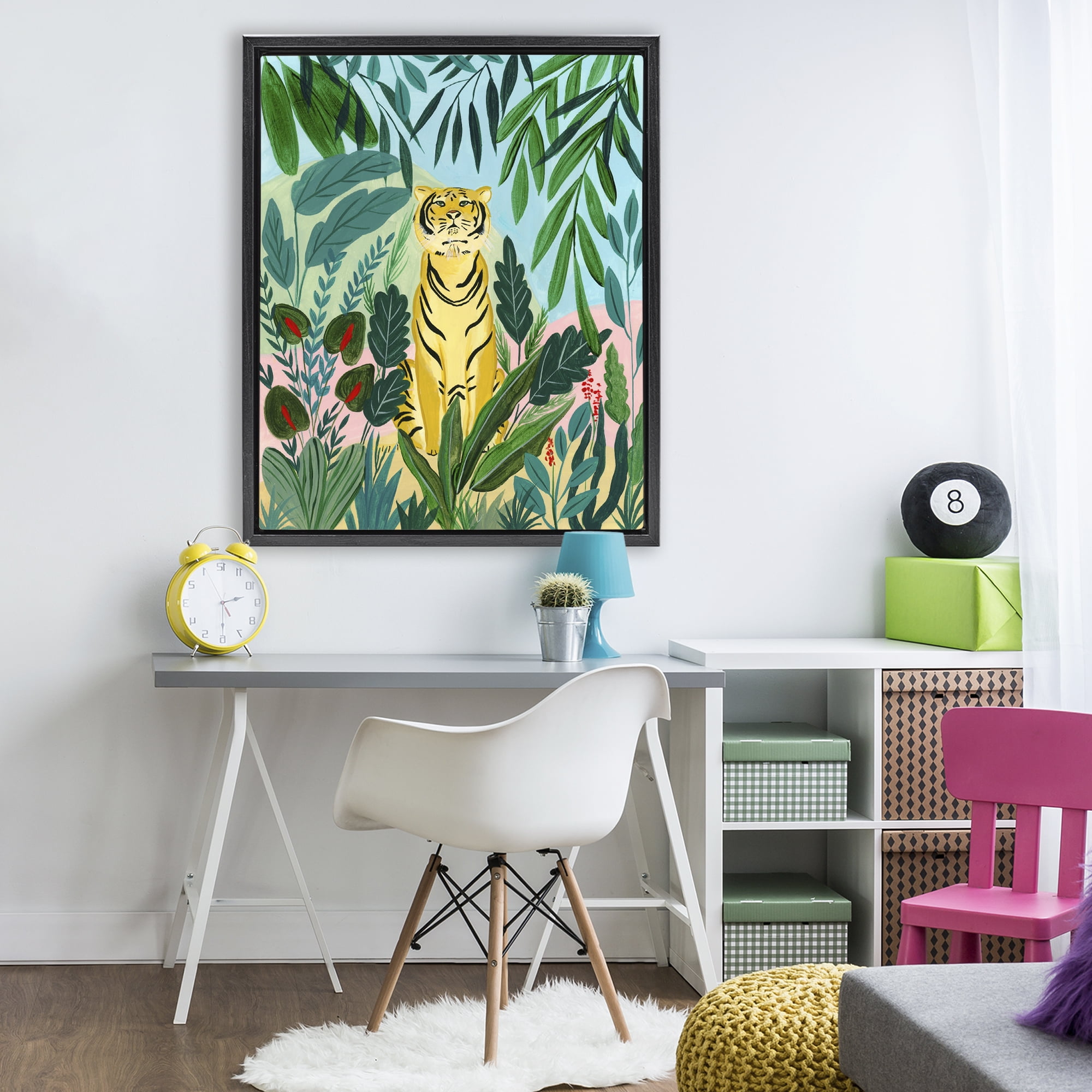 Stoic Tiger Tropical Forest Black Framed Floater Canvas Wall Art, design by Nabeela Rumi