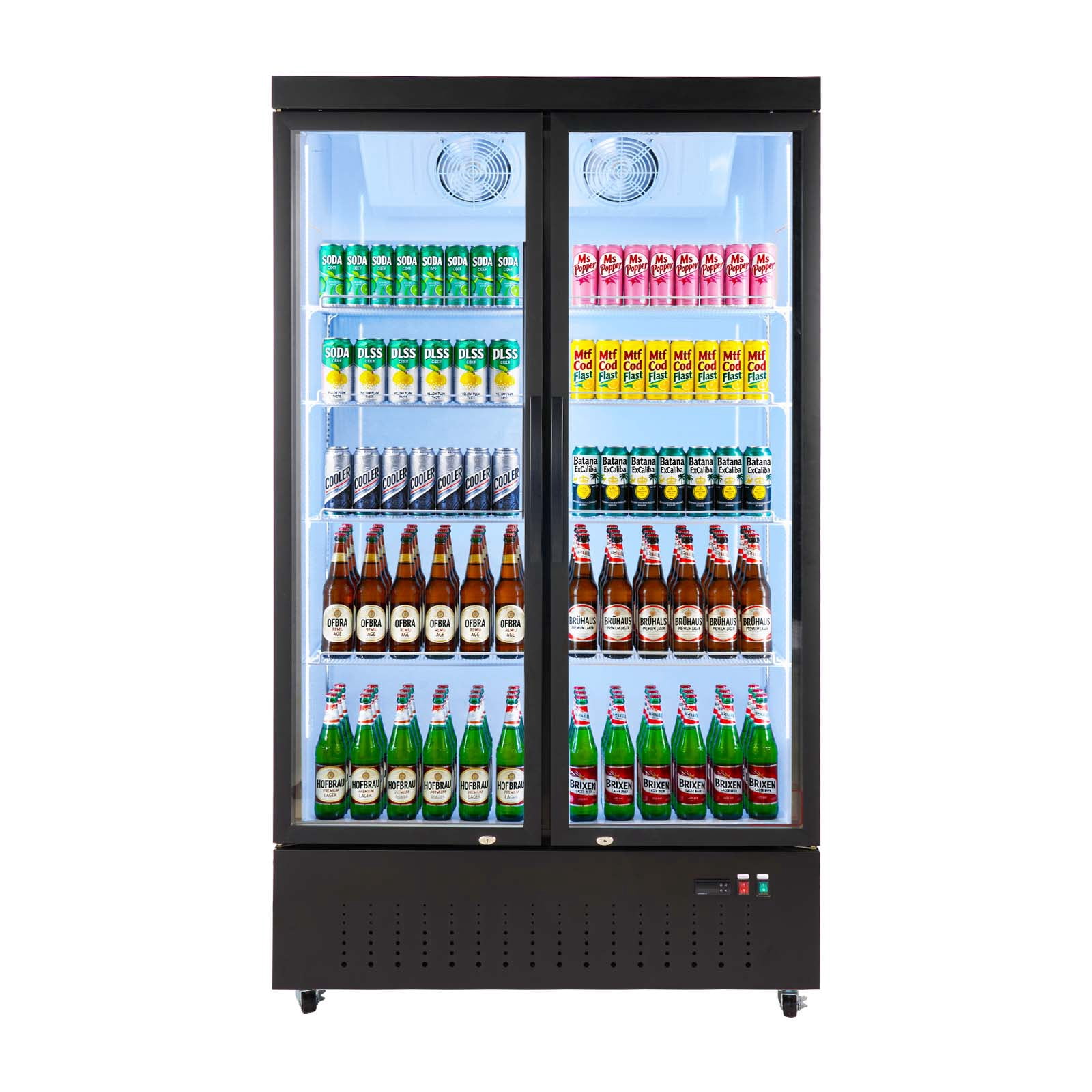KFFKFF Commercial Merchandiser Refrigerator, 29.3 Cu.Ft / 830L Upright Cooler with Dual Glass Doors, 8 Adjustable Shelves, LED Lighting & Casters for Bars, Stores, and Supermarkets
