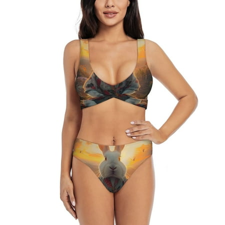 Zeuib Flower Meditating Rabbit High Waisted Tummy Control Bikini Set - Knot Front Push Up Top & Cheeky Thong Bottom  Two-Piece Swimsuit for Women-Medium