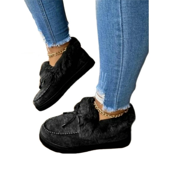 Rockomi Winter Loafers for Women Shoes Lined Warm Bowknot Ankle Boots Moccasin Slipper Plush Loafers Anti-Slip Black 7