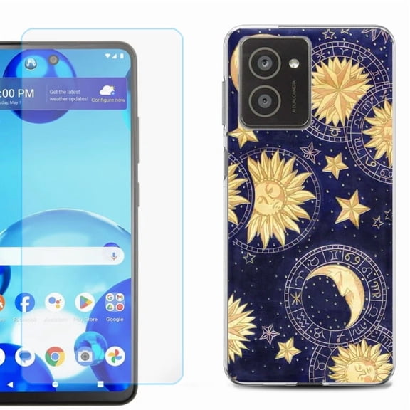 For HMD Vibe Shockproof Phone Case Cover with Tempered Glass Screen Protector, by OneToughShield - Moon Sun Star