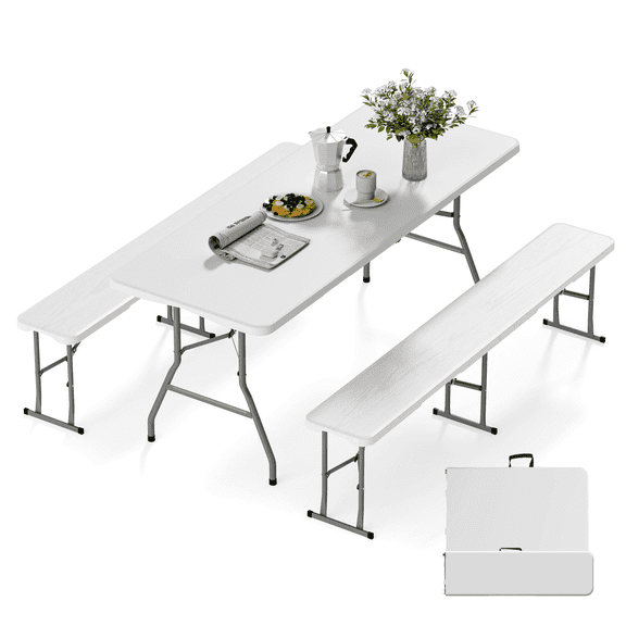 OROFULL 6FT Folding Picnic Table and Bench Set with HDPE & Steel Frame for Indoor Outdoor Dining Camping Party Patio,White