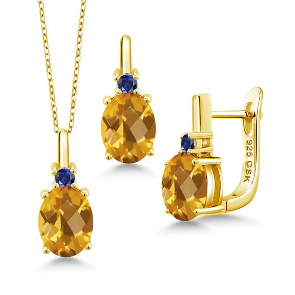 Gem Stone King 5.00 Ct Oval Checkerboard Yellow Citrine Blue Created Sapphire 18K Yellow Gold Plated Silver Pendant and Earrings Jewelry Set