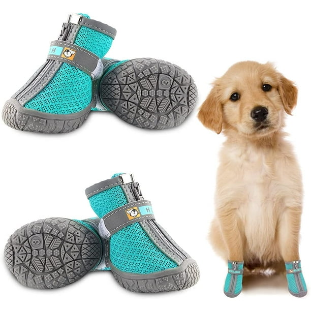 4 dog shoes suitable for hot road hardwood floors non-slip firm sole with  reflective adjustable shoulder strap zipper opening and closing hiking  boots