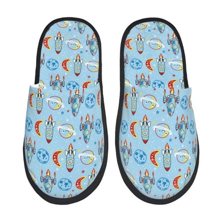 Balery Cartoon Rocket With Space Slient Indoor Furry Fleece Comfort House Shoes Soft Non-Slip Home Shoes Cotton slippers House Slippers-- Medium