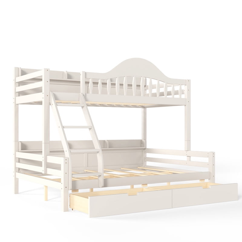 Twin Over Full Bunk Bed with 2 Storage Drawers, Solid Wood Kids Bunk Bed with Curved Guardrails, Side Storage Shelves and Ladder, No Box Spring Needed