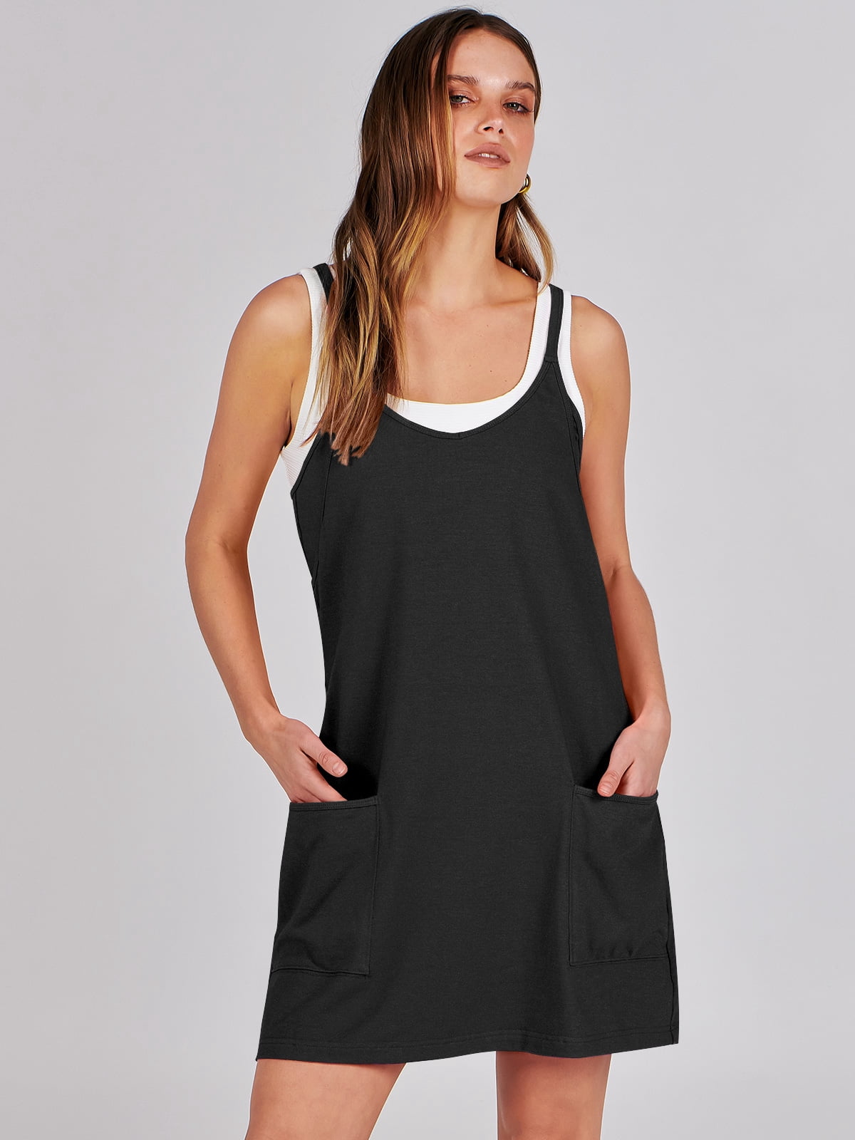 ANRABESS Athletic Dress for Women Tennis Dress with Shorts Summer Active Workout Romper Dress Sleeveless Spaghetti Strap Mini Dress Casual Sundress Vacation Outfits Black XS