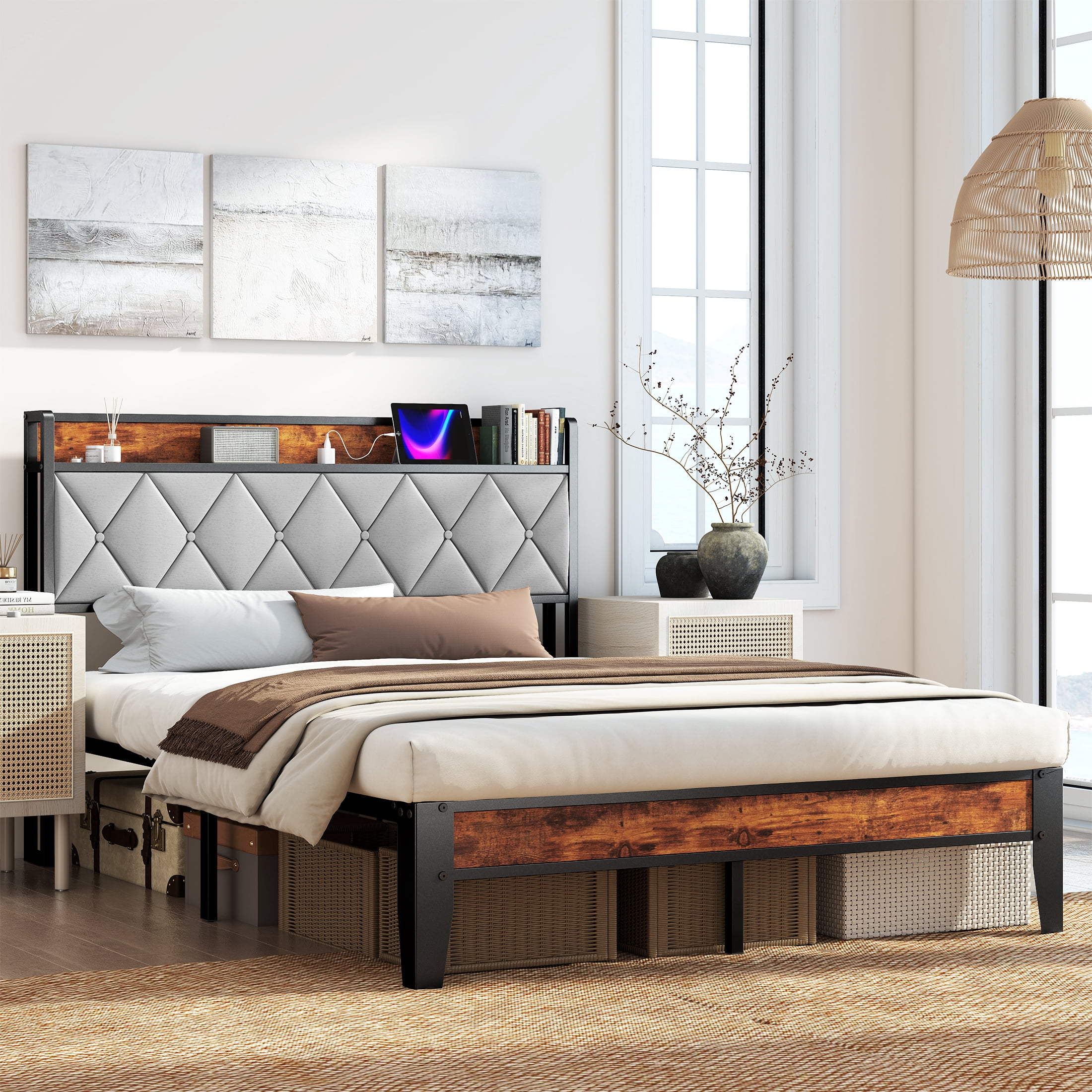 CONCETTA Full Bed Frame, Heavy Duty Metal, Storage Headboard with Charging Station, Noise Free, No Spring Box Required, 880lbs Capacity