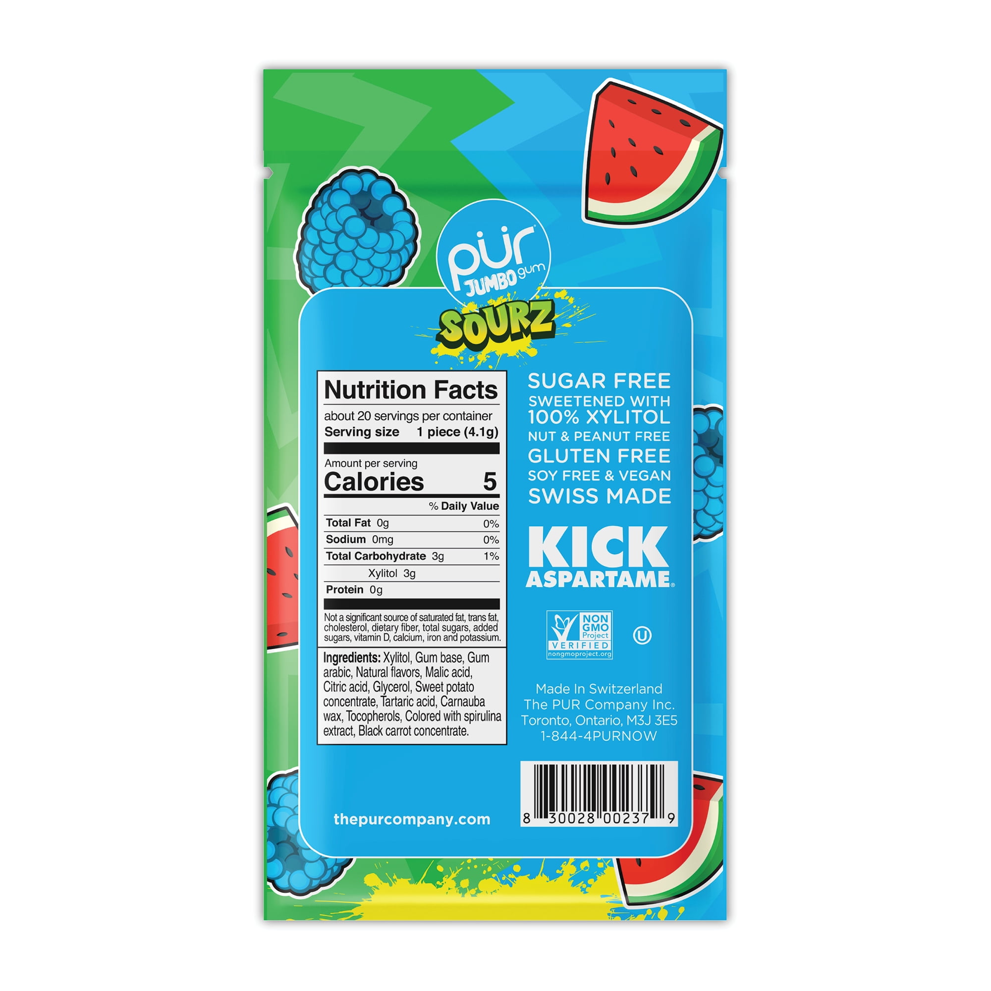 PUR Jumbo SOURZ Gum, Blue Raspberry, Watermelon, Aspartame Free, Sugar Free 100% Xylitol Chewing Gum, 20 Pieces, Pack of 10