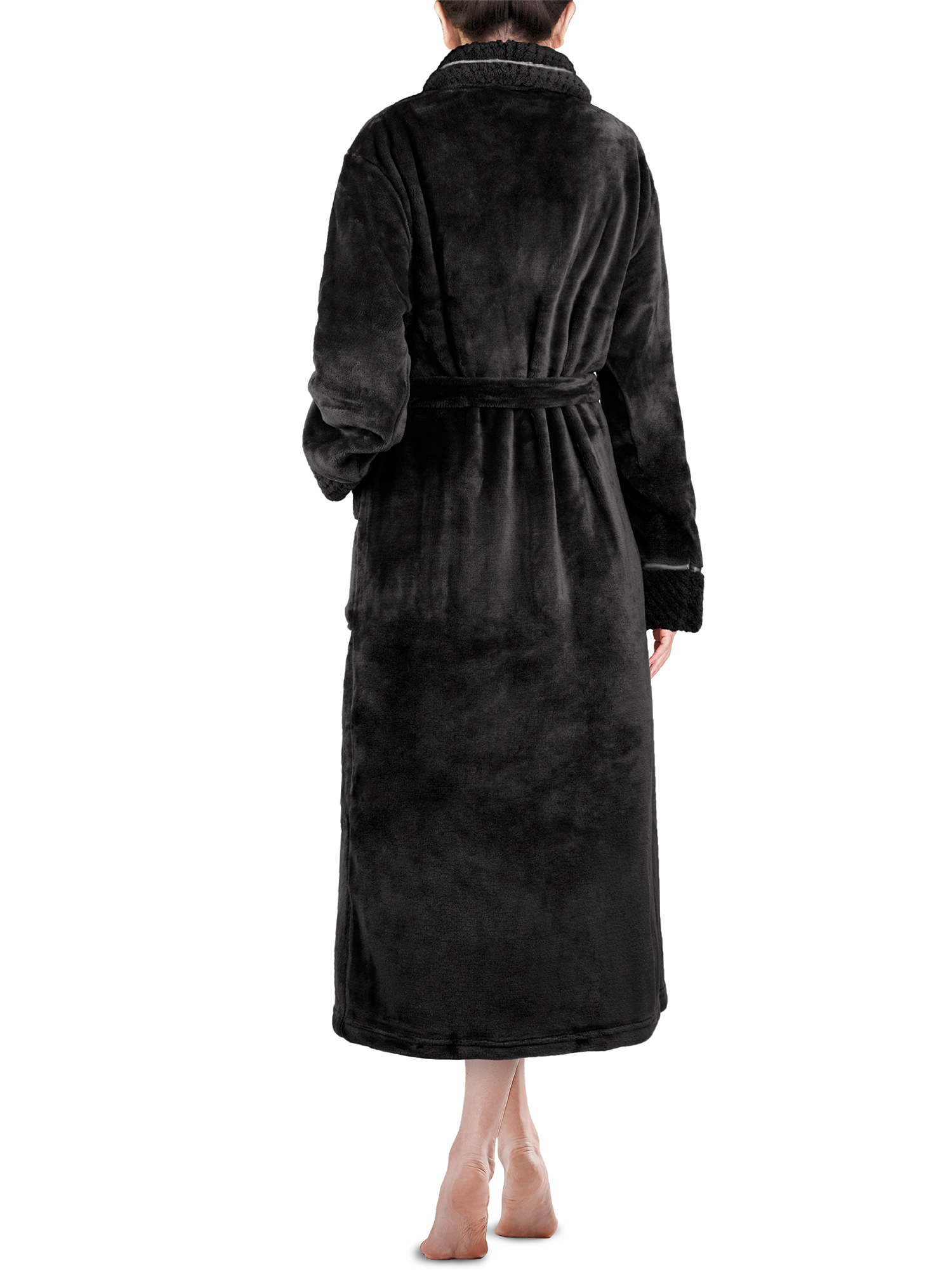 PAVILIA Soft Plush Women Fleece Robe, Black Cozy Bathrobe, Female Long Spa Robe, Warm Housecoat, Satin Waffle Trim, S/M - image 2 of 8