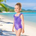 thumbnail image 5 of Girls Ruffled One Piece Swimsuit Summer Beach Vacation Swimwear Tank Swimsuit Purple Background with White Line, 5 of 8