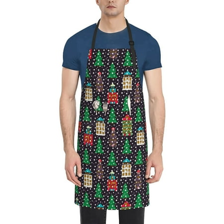 

Qekee Christmas Trees And Houses Print Waterproof Apron with Pockets Adjustable Cooking Aprons Kitchen Bib for Baking Household Cleaning