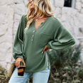 thumbnail image 3 of Camiseta holgada de punto con cuello en V para mujer Otoño Invierno Color sólido para vacaciones de ocio Verde S, 3 of 6