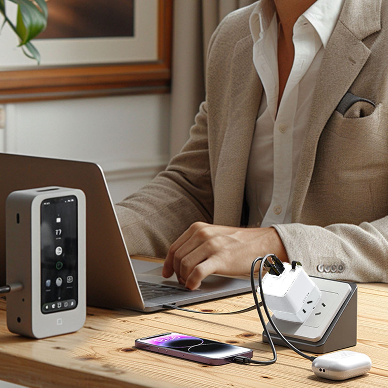 JoyHoop 80W Retractable Wall Charger with Built-in USB-C Cable, 3-in-1 Fast Charging for Laptops and Phones, White