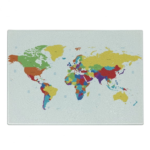 World Map Cutting Board, Colorful Detailed Continents Design Countries and Oceans Cartoon Illustration, Decorative Tempered Glass Cutting and Serving Board, in 3 Sizes, by Ambesonne