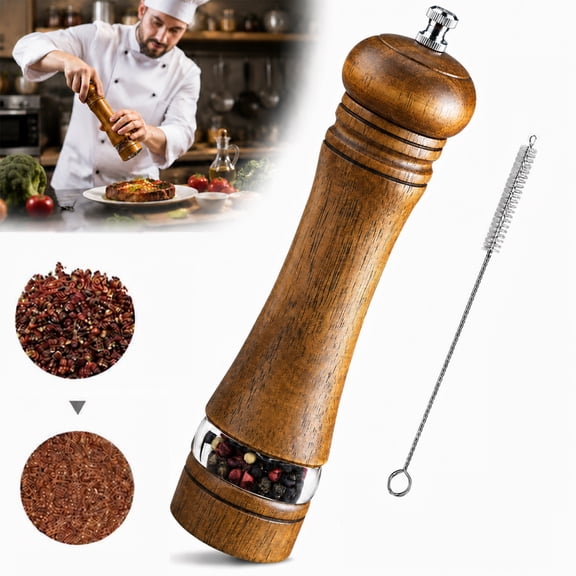 Emlimny Pepper Grinder Salt Grinder Wooden Pepper Mill Grinder w/Adjustable Coarse, 8 inch Tall Wood Refillable Manual Pepper Grinder Mill Peppermill for Black Peppercorn, Easy Clean w/Cleaning Brush