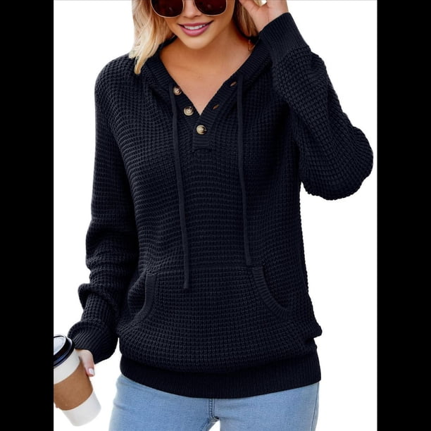 Sudadera de Lana Extragrande con Capucha y Colores Contrastantes para Mujer, de Punto, con Cuello en V, Informal, con Bolsillos Negro M
